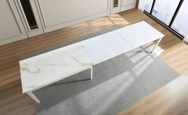 Tavolo "Capella" con gambe in ferro, piano in ceramica e allunghe in MDF 160/400 x 90 x h 75 cm