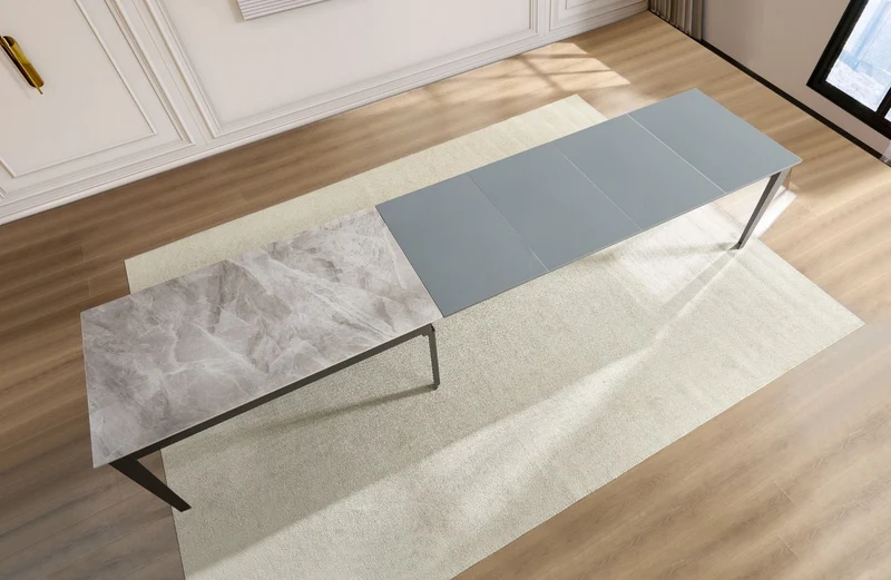 Tavolo "Capella" con gambe in ferro, piano in ceramica e allunghe in MDF 160/400 x 90 x h 75 cm