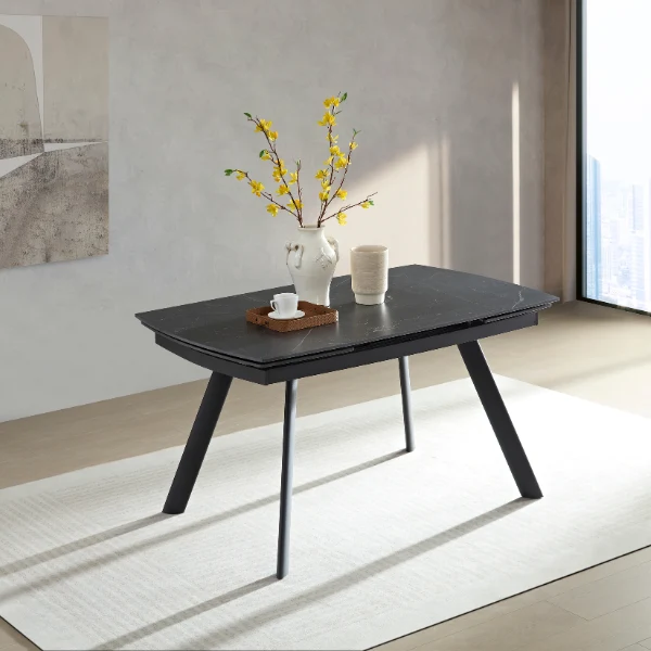 Tavolo "Deneb" con gambe e piano in ceramica effetto marmo, design moderno, 140/210 x 110 x h 75 cm