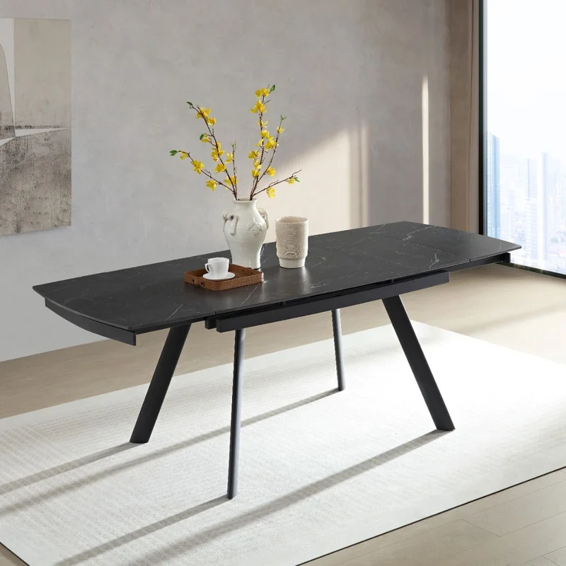 Tavolo "Deneb" con gambe e piano in ceramica effetto marmo, design moderno, 140/210 x 110 x h 75 cm