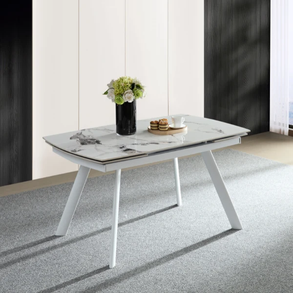 Tavolo "Deneb" con gambe e piano in ceramica effetto marmo, design moderno, 140/210 x 110 x h 75 cm