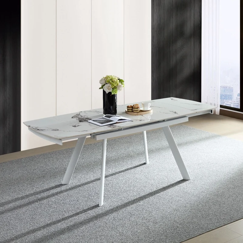 Tavolo "Deneb" con gambe e piano in ceramica effetto marmo, design moderno, 140/210 x 110 x h 75 cm