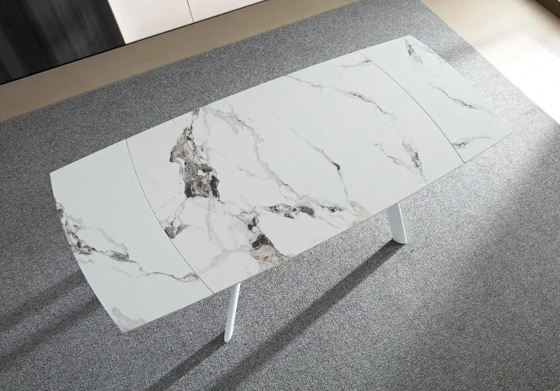 Tavolo "Deneb" con gambe e piano in ceramica effetto marmo, design moderno, 140/210 x 110 x h 75 cm
