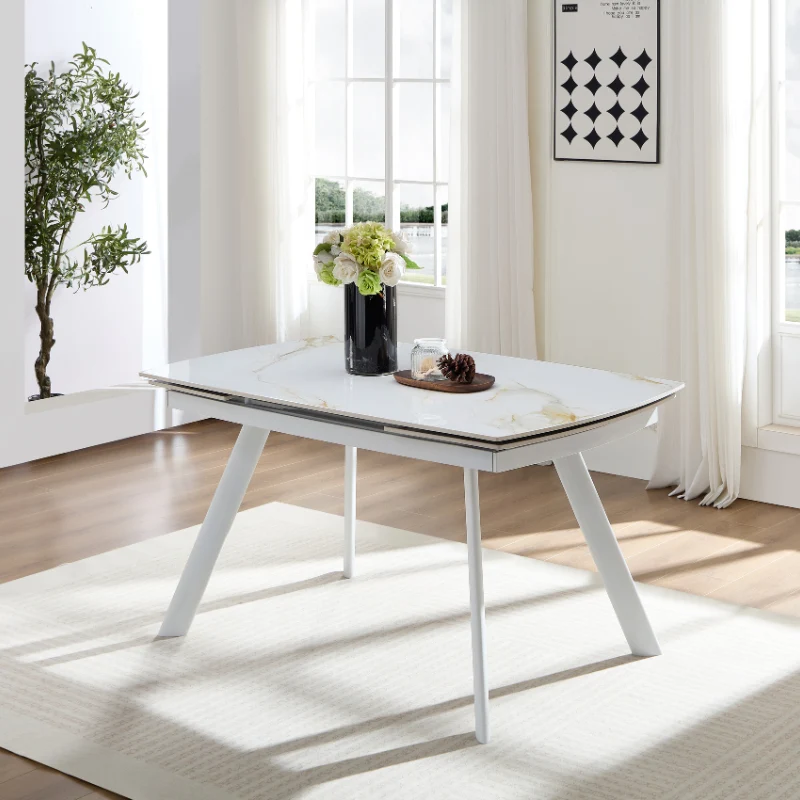 Tavolo "Deneb" con gambe e piano in ceramica effetto marmo, design moderno, 140/210 x 110 x h 75 cm
