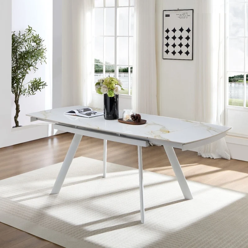 Tavolo "Deneb" con gambe e piano in ceramica effetto marmo, design moderno, 140/210 x 110 x h 75 cm