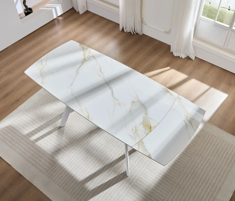 Tavolo "Deneb" con gambe e piano in ceramica effetto marmo, design moderno, 140/210 x 110 x h 75 cm