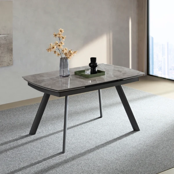 Tavolo "Deneb" con gambe e piano in ceramica effetto marmo, design moderno, 140/210 x 110 x h 75 cm