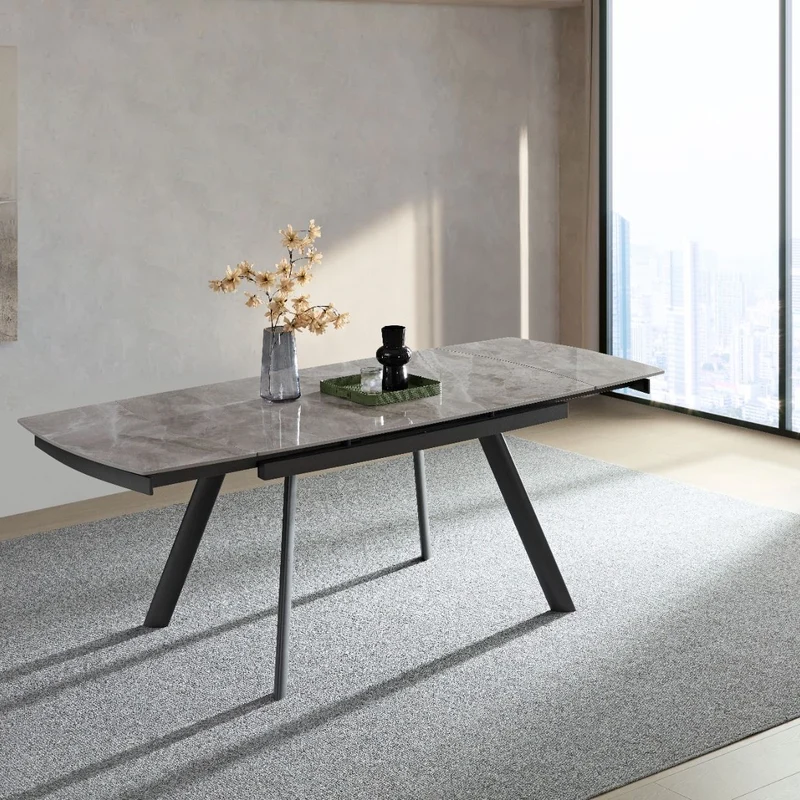 Tavolo "Deneb" con gambe e piano in ceramica effetto marmo, design moderno, 140/210 x 110 x h 75 cm