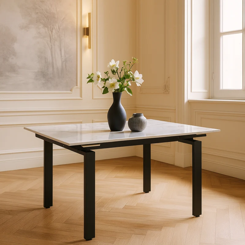 Tavolo "Antares" con gambe in metallo e piano in marmo, design moderno, 140/200 x 90 x h 76 cm