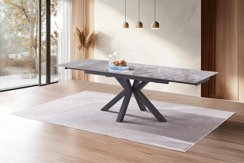 Tavolo "Betelgeuse" con gambe in metallo e piano in ceramica, design moderno, 160/240 x 110 x h 76 cm