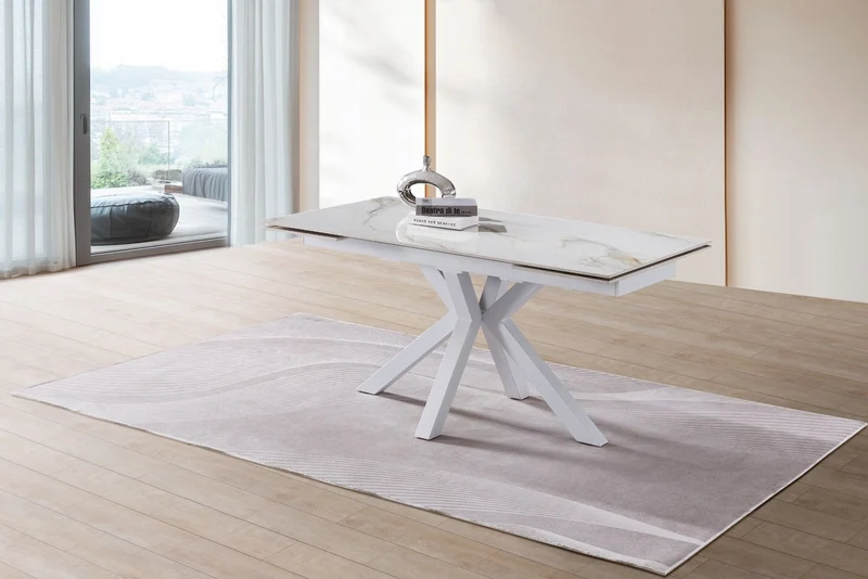 Tavolo "Betelgeuse" con gambe in metallo e piano in ceramica, design moderno, 160/240 x 110 x h 76 cm