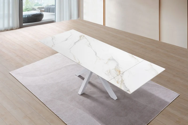 Tavolo "Betelgeuse" con gambe in metallo e piano in ceramica, design moderno, 160/240 x 110 x h 76 cm