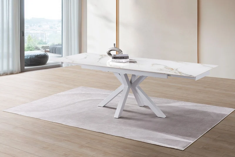 Tavolo "Betelgeuse" con gambe in metallo e piano in ceramica, design moderno, 160/240 x 110 x h 76 cm
