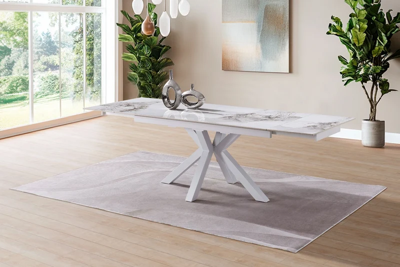 Tavolo "Betelgeuse" con gambe in metallo e piano in ceramica, design moderno, 160/240 x 110 x h 76 cm