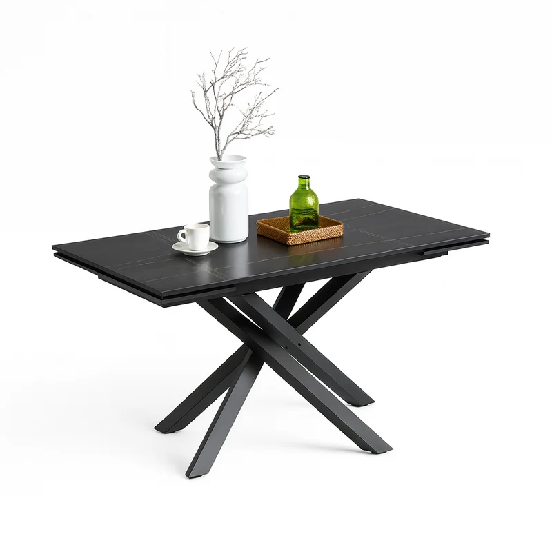 Tavolo "Rigel" con gambe in ferro e piano in ceramica nero, design moderno, 140/200 x 80 x h 76 cm