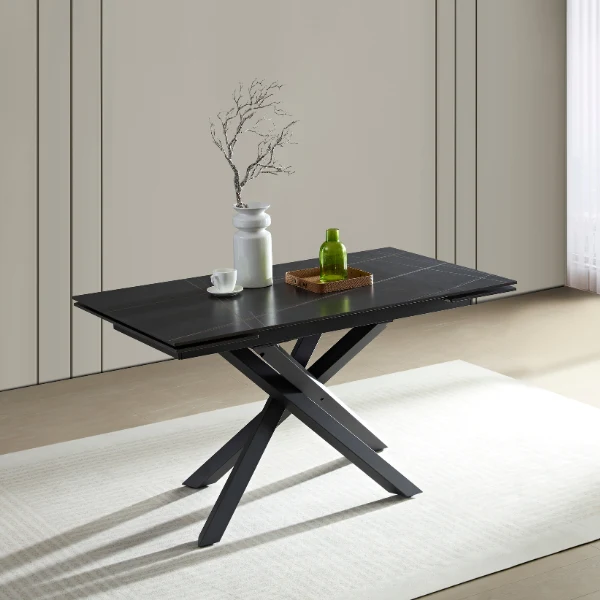 Tavolo "Rigel" con gambe in ferro e piano in ceramica nero, design moderno, 140/200 x 80 x h 76 cm