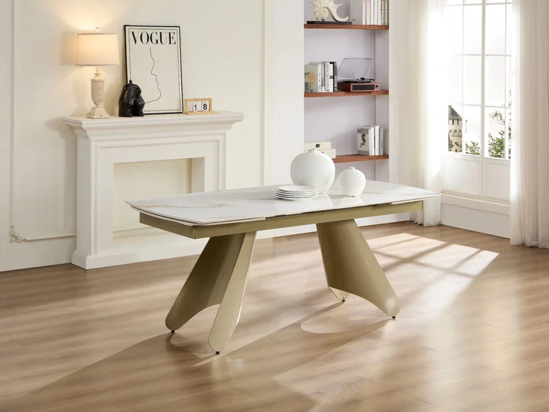 Tavolo "Altair" con gambe in ferro e piano in ceramica, design moderno, 180/260 x 110 x h 75 cm