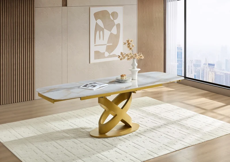 Tavolo "Sirius" con struttura in metallo e piano in ceramica, design moderno, 160/240 x 90 x h 75 cm