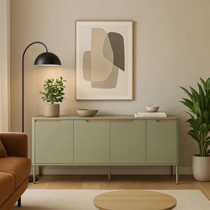 Credenza "Nathan" grigio sabbia a 4 ante, struttura in truciolato, gambe in acciaio verniciato