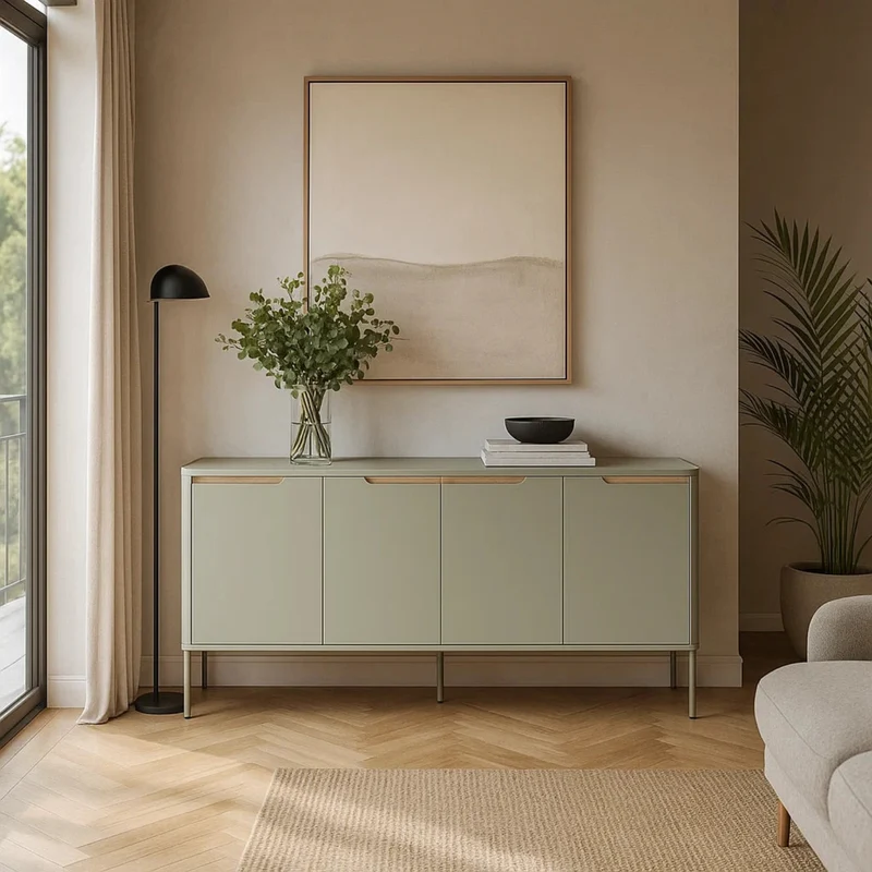Credenza "Nathan" grigio sabbia a 4 ante, struttura in truciolato, gambe in acciaio verniciato