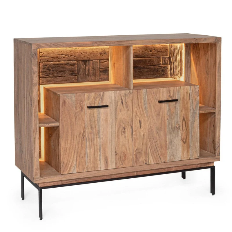 Credenza "Mangal" in legno di acacia, con finitura acrilica protettiva, maniglie e gambe in acciaio