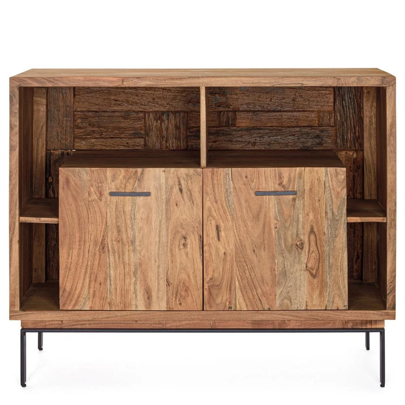 Credenza "Mangal" in legno di acacia, con finitura acrilica protettiva, maniglie e gambe in acciaio