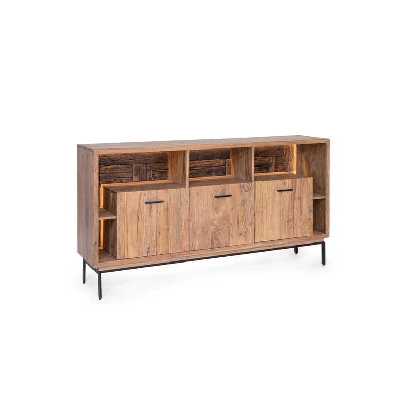 Credenza "Mangal" in legno di acacia, con finitura acrilica protettiva, maniglie e gambe in acciaio