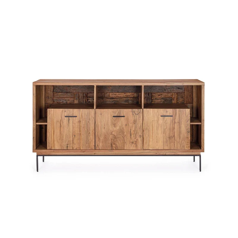 Credenza "Mangal" in legno di acacia, con finitura acrilica protettiva, maniglie e gambe in acciaio