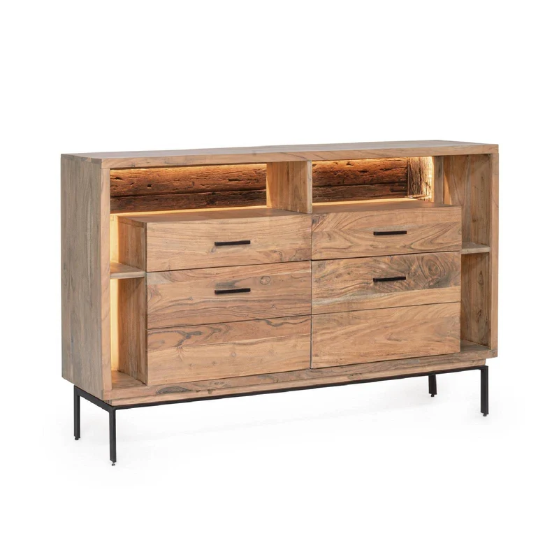 Credenza "Mangal" in legno di acacia, con finitura acrilica protettiva, maniglie e gambe in acciaio