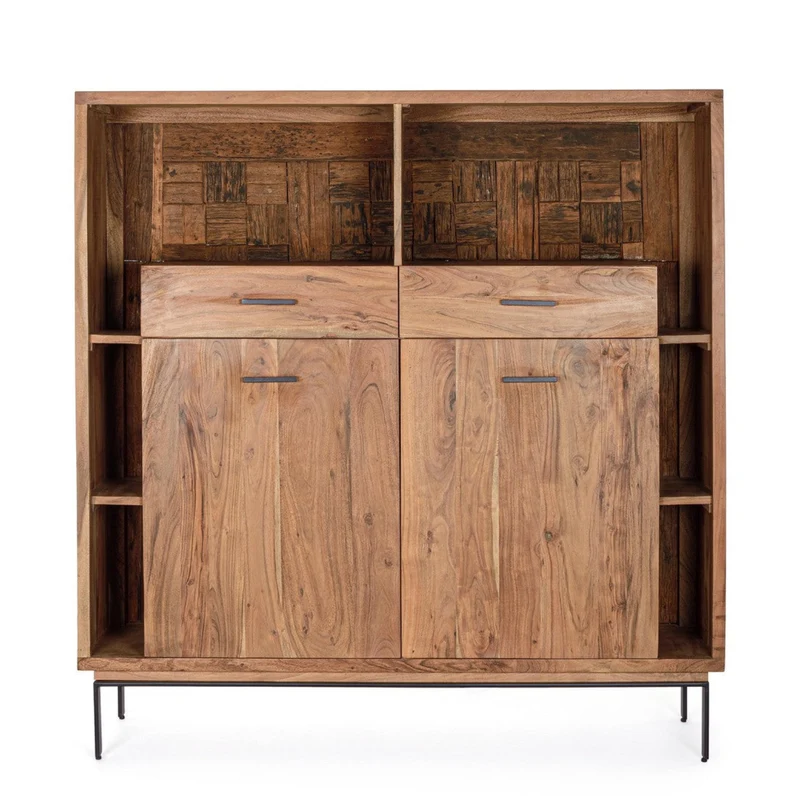 Credenza "Mangal" in legno di acacia, con finitura acrilica protettiva, maniglie e gambe in acciaio
