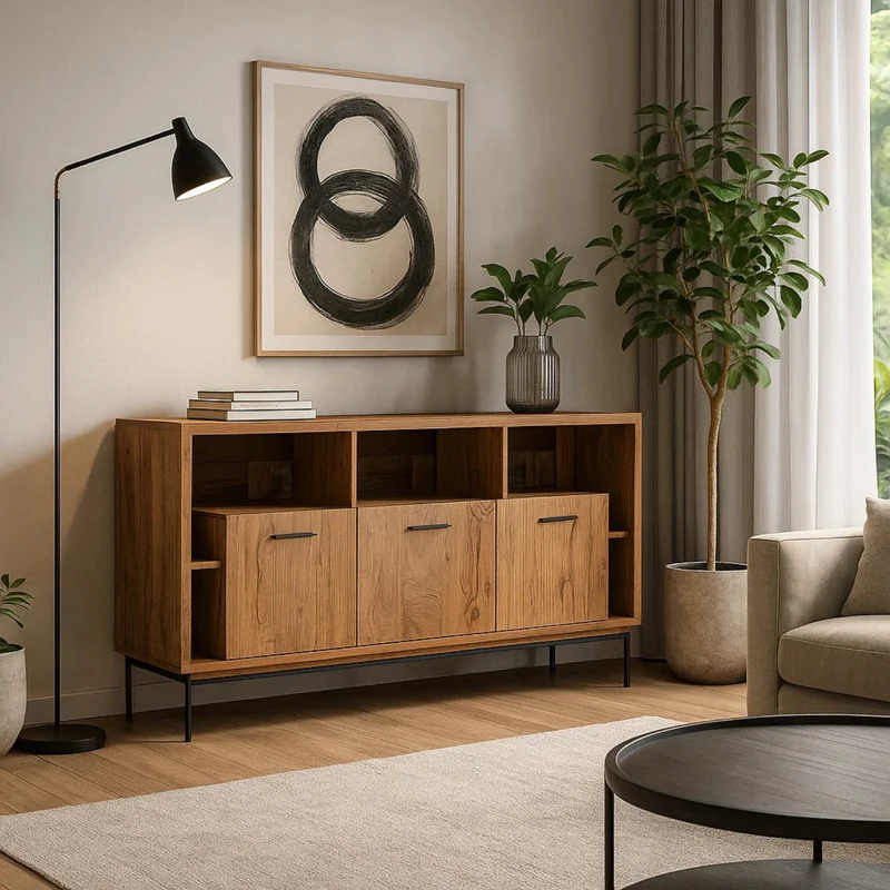 Credenza "Mangal" in legno di acacia, con finitura acrilica protettiva, maniglie e gambe in acciaio