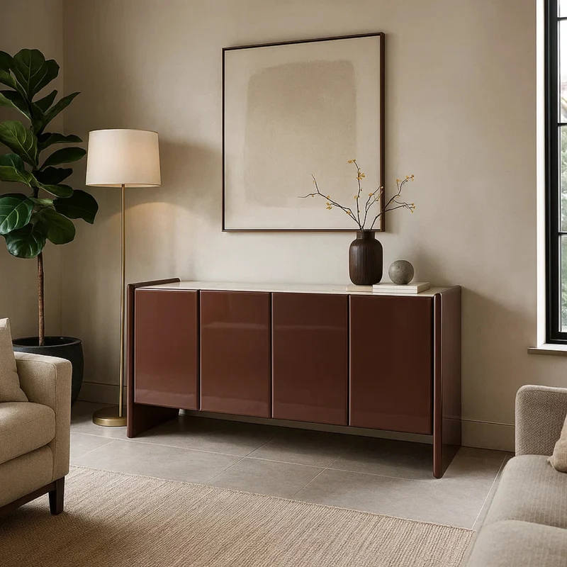 Credenza "Otilia Brick", 4 ante, piano in pietra sinterizzata, in vernice poliuretanica effetto lucido