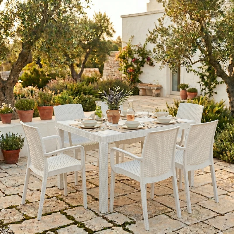 Set Tavolo e poltrone "Phoenix" struttura in polipropilene effetto rattan per bar e strutture