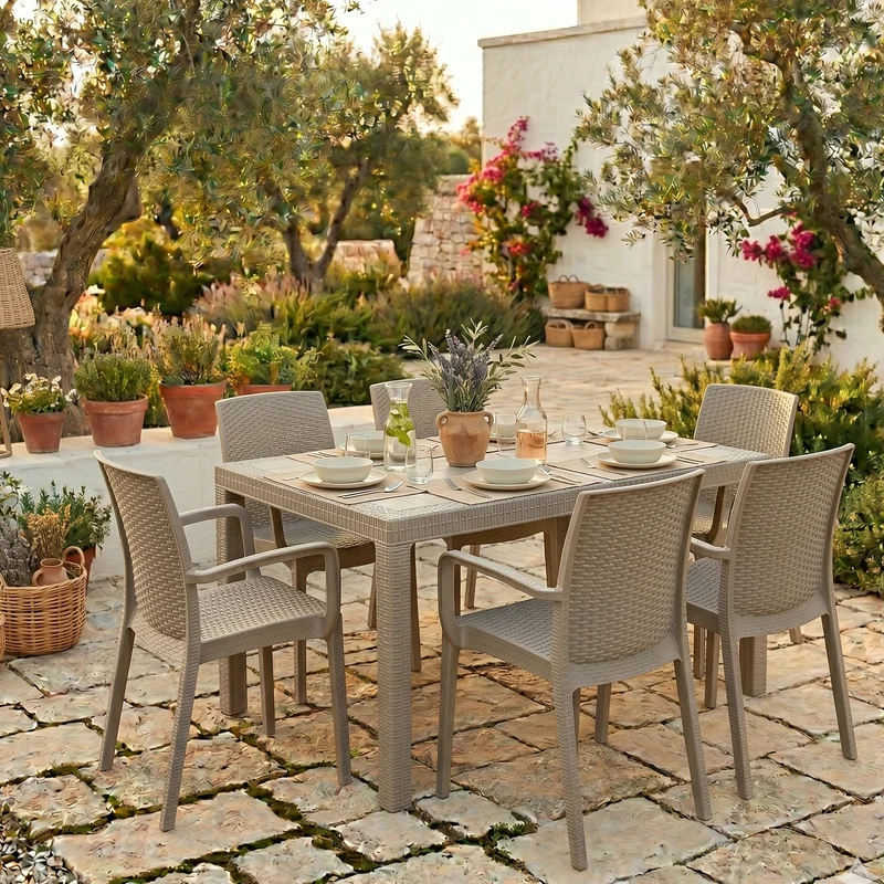Set Tavolo e poltrone "Phoenix" struttura in polipropilene effetto rattan per bar e strutture