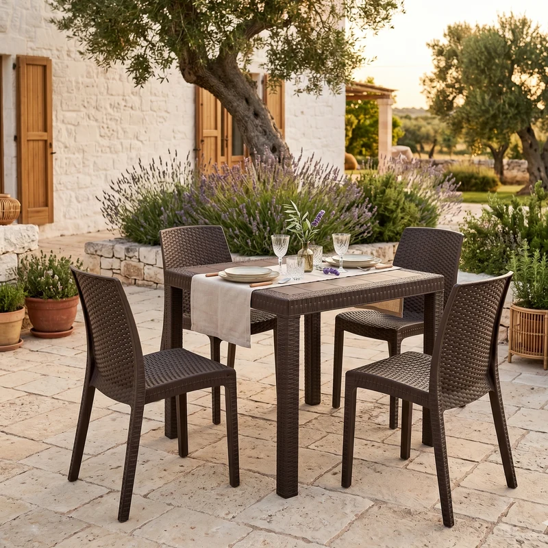 Set Tavolo e sedie "Phoenix" struttura in polipropilene effetto rattan per bar e strutture