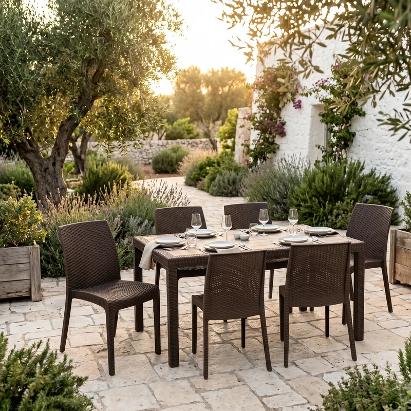 Set Tavolo e sedie "Phoenix" struttura in polipropilene effetto rattan per bar e strutture