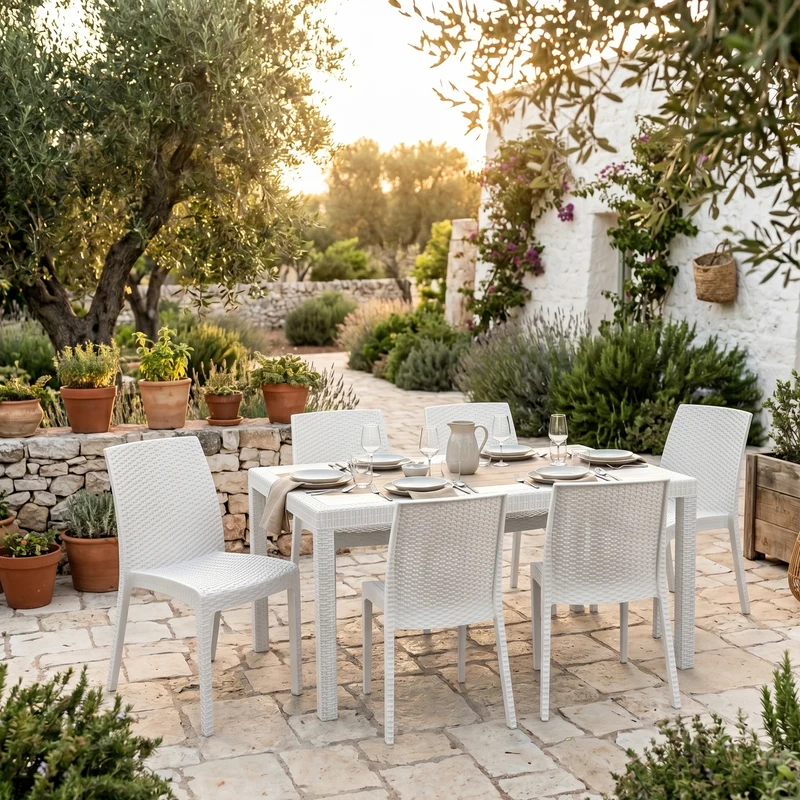 Set Tavolo e sedie "Phoenix" struttura in polipropilene effetto rattan per bar e strutture