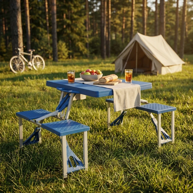 Set tavolo pieghevole struttura in alluminio con 4 sgabelli portatile