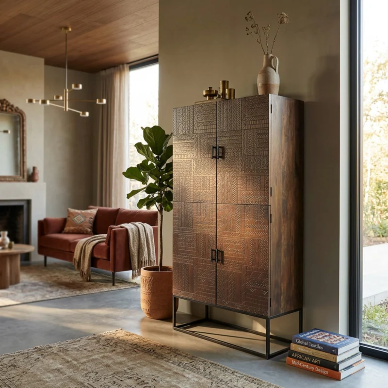 Mobile in legno "Harvey" con decoro wengé con 4 ante in legno di mango con struttura in ferro, 96 x 46 x 182 h cm