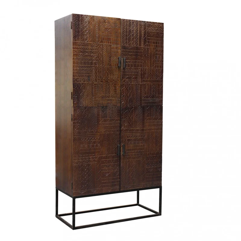 Mobile in legno "Harvey" con decoro wengé con 4 ante in legno di mango con struttura in ferro, 96 x 46 x 182 h cm