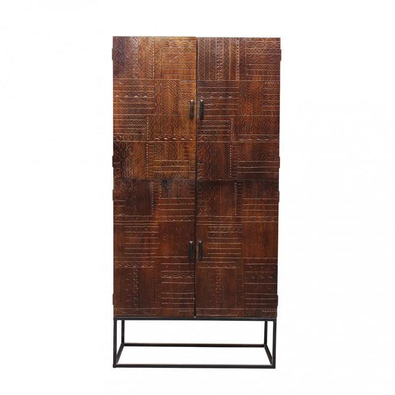 Mobile in legno "Harvey" con decoro wengé con 4 ante in legno di mango con struttura in ferro, 96 x 46 x 182 h cm