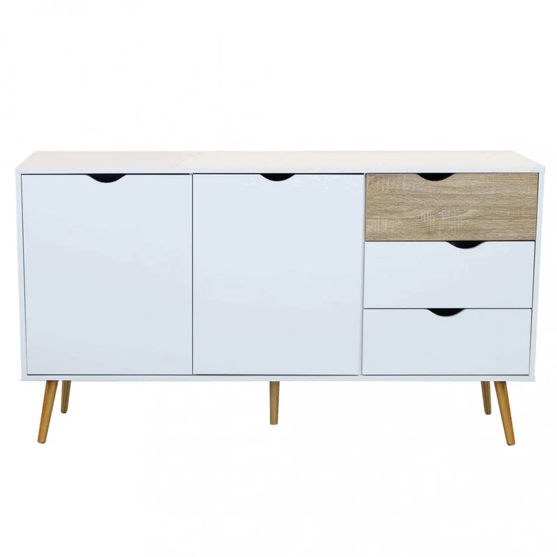 Mobile in legno "Bradley" con 2 ante e 3 cassetti in legno bianco e naturale, 147 x 39 x 82 h cm