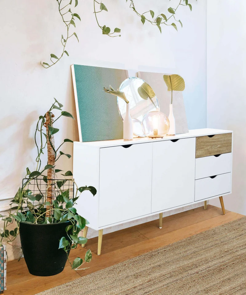 Mobile in legno "Bradley" con 2 ante e 3 cassetti in legno bianco e naturale, 147 x 39 x 82 h cm