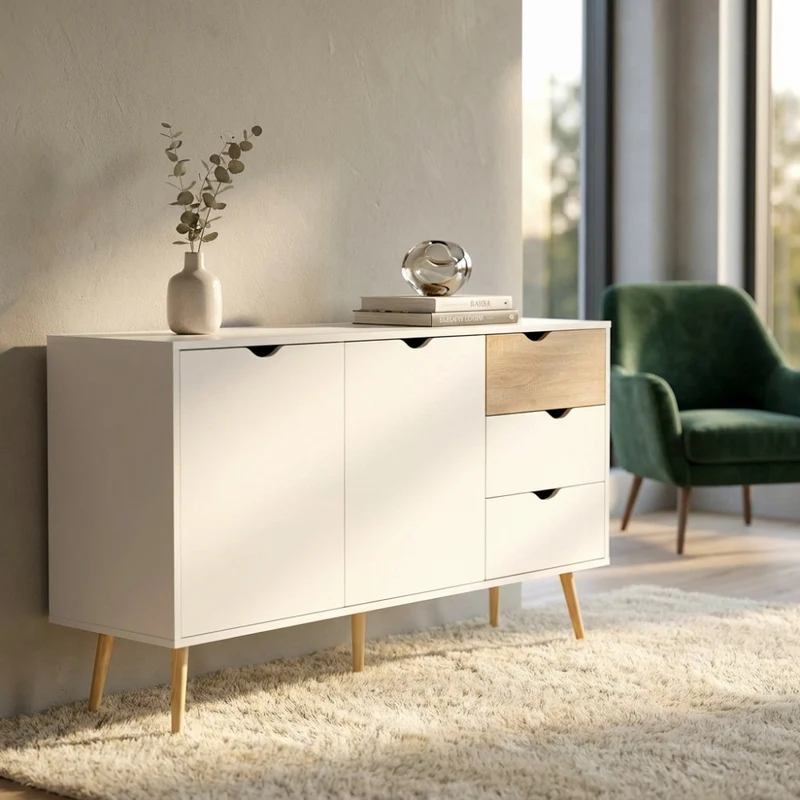 Mobile in legno "Bradley" con 2 ante e 3 cassetti in legno bianco e naturale, 147 x 39 x 82 h cm