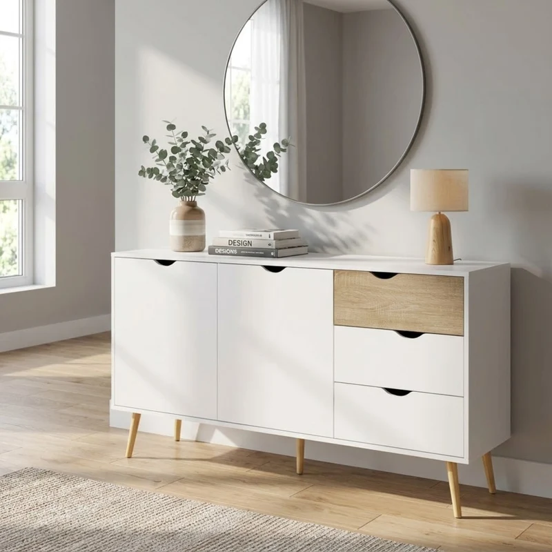 Mobile in legno "Bradley" con 2 ante e 3 cassetti in legno bianco e naturale, 147 x 39 x 82 h cm