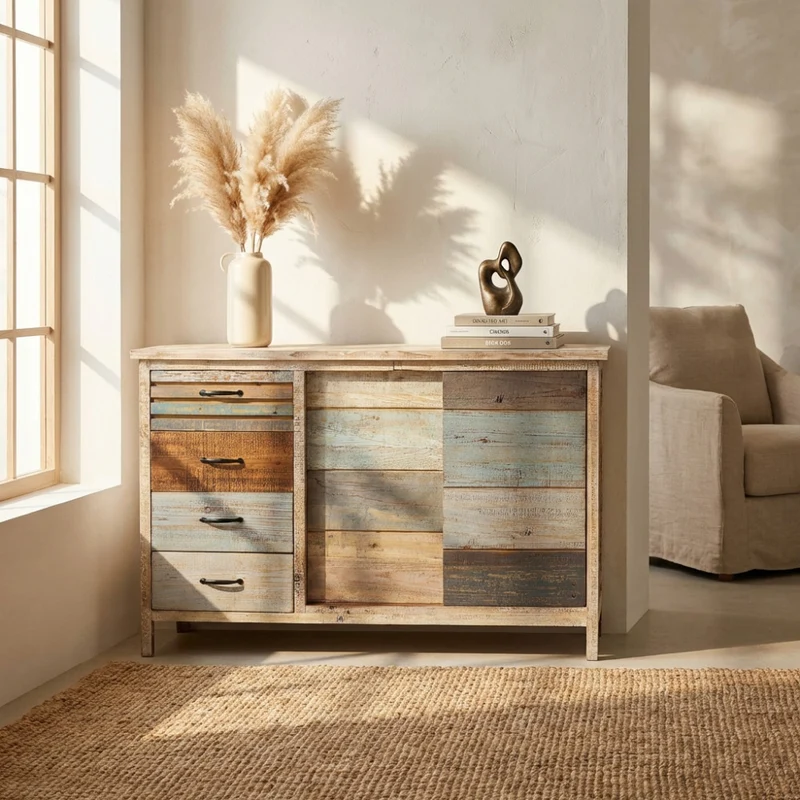 Mobile in legno "Harry" con 4 cassetti e 2 ante in legno colorato, 140 x 40 x 82 h cm