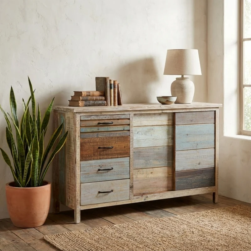 Mobile in legno "Harry" con 4 cassetti e 2 ante in legno colorato, 140 x 40 x 82 h cm