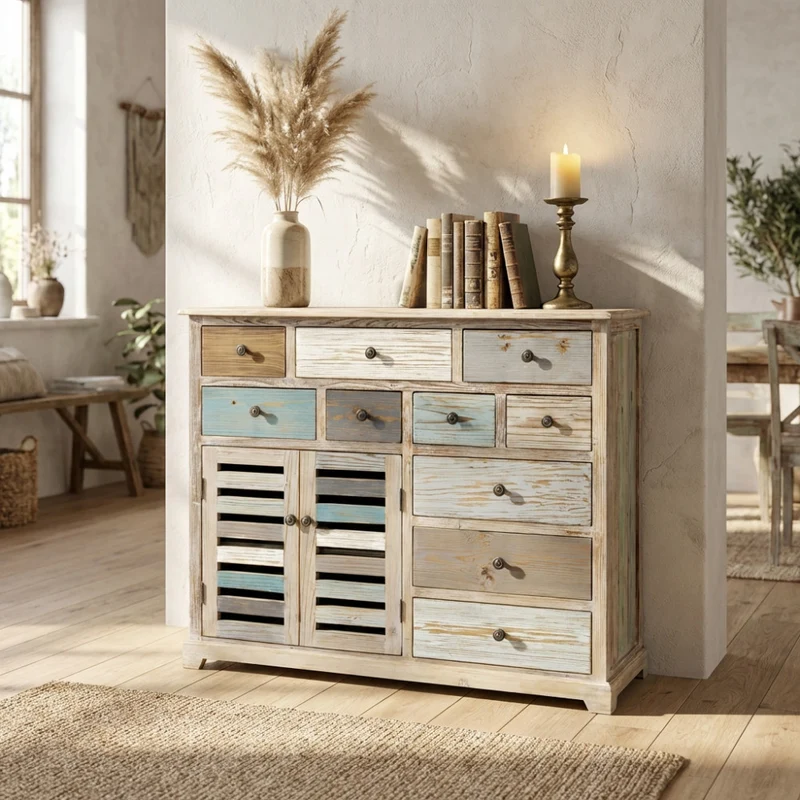 Mobile in legno "Greg" con 10 cassetti e 2 ante in legno colorato, 108 x 38 x 89 h cm