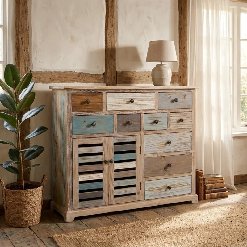 Mobile in legno "Greg" con 10 cassetti e 2 ante in legno colorato, 108 x 38 x 89 h cm