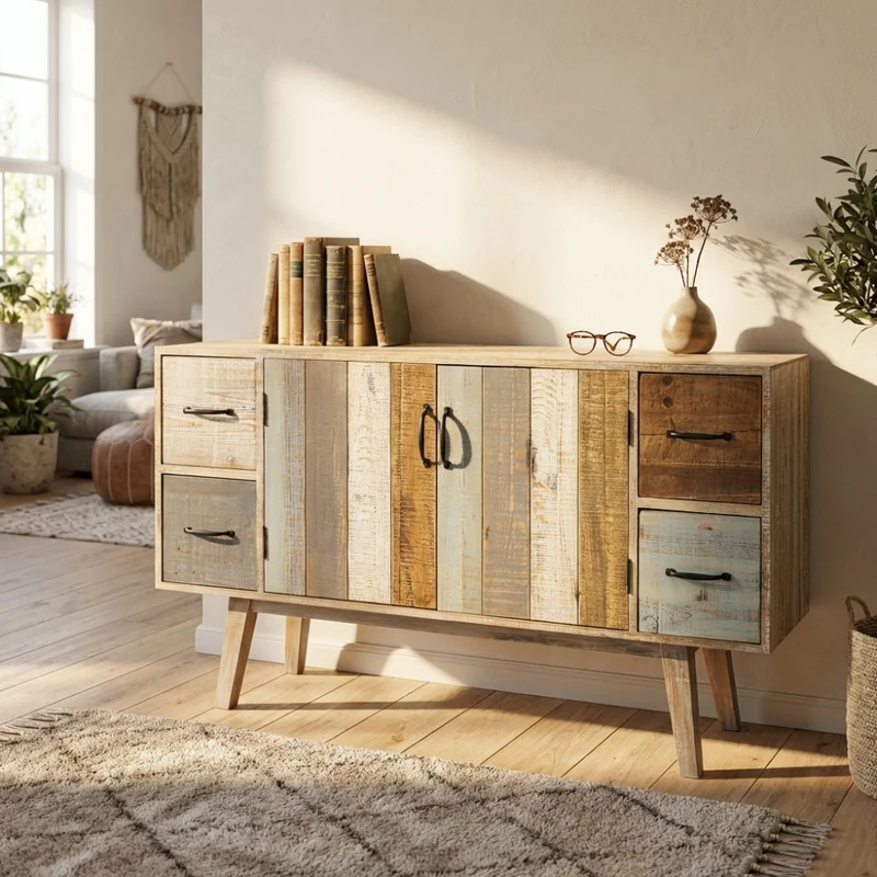 Mobile in legno "Fred" con 4 cassetti e 2 ante in legno colorato, 131 x 40 x 77 h cm